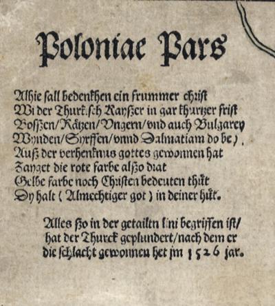Color legend worded in a German poem on the Tabula Hungariae, under the caption ‘Poloniae Pars’ In: Tabula Hungariae… 1528, detail (National Széchényi Library, Collection of Early Printed Books, Apponyi Collection, App. M. 136.)